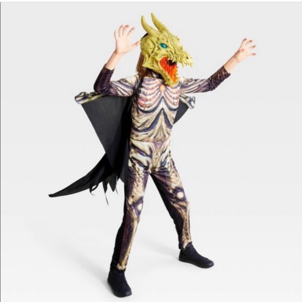 NWT Light Up & Sound Skeletal Dragon Jumper  Mask Wings Kid Halloween Costume M